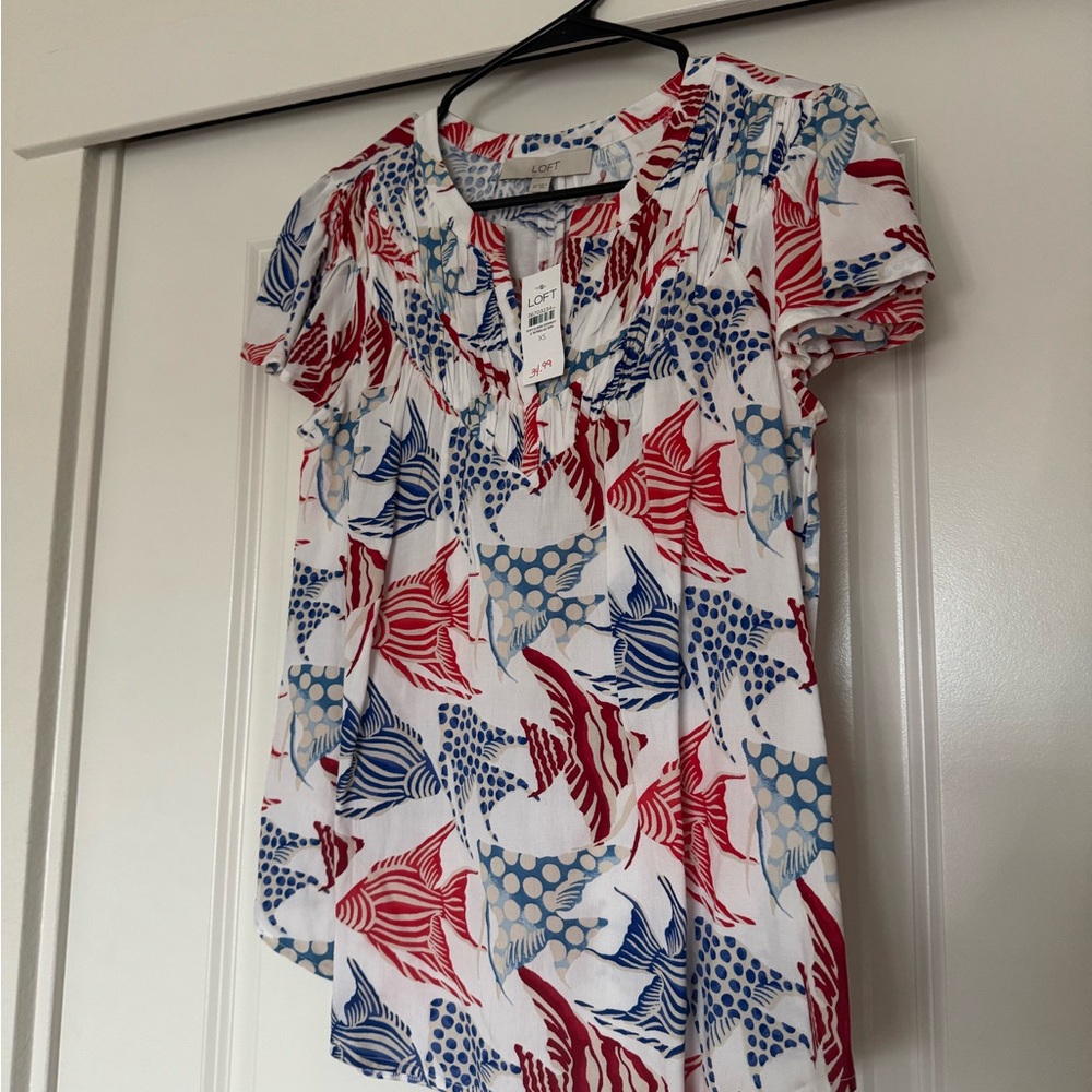 LOFT Red and Blue Fish Print Blouse